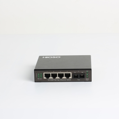 Hioso 5 puertos Poe cambia 4 10/100M RJ45 + 1 1000M FX Fiber Uplink Mini Poe Switch